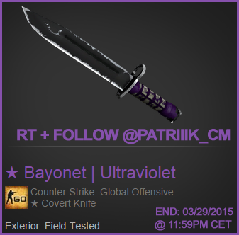 Patriiik_CM's tweet photo. [#Giveaway] 

Follow @Patriiik_CM + #RT this tweet for your chance to win this ★ Bayonet | Ultraviolet FT.

GL&amp;HF http://t.co/S51vC9l9pn