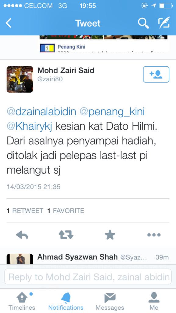 syazwanshah55's tweet photo. @zairi80 @dzainalabidin @penang_kini @Khairykj b4 i look up on u, but from ths tweet u dwngrade urslef. Cheers 😉 http://t.co/ronpoI4e1z