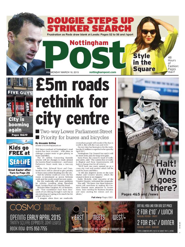 NottinghamPost's tweet photo. Here is YOUR MONDAY front page....
#RegionalFronts #nffc #EMCon2015 #fashion48 #frontpagestoday http://t.co/MJvExwznjl