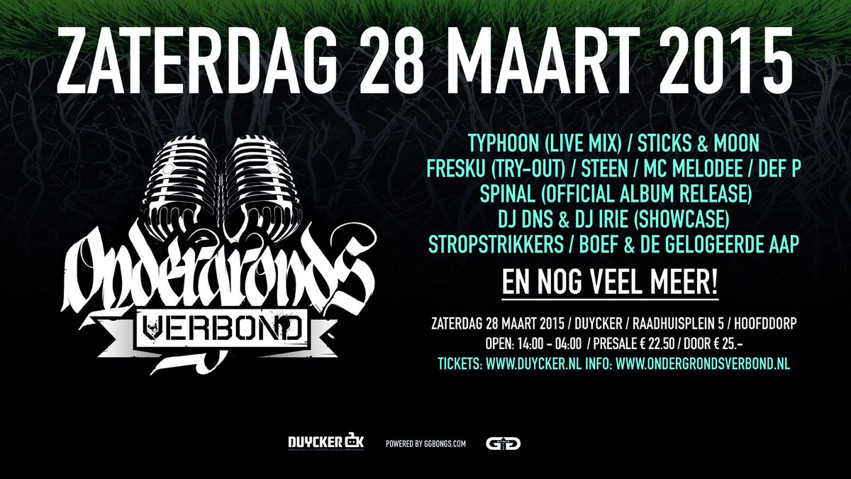 28-03 kun je in <a href="/Duycker/">Poppodium Duycker</a> <a href="/OndergrVerbond/">Ondergronds Verbond</a> checken met o.a. Sticks &amp; Moon, Fresku en meer:

duycker.nl/?fId=415&uId=3…