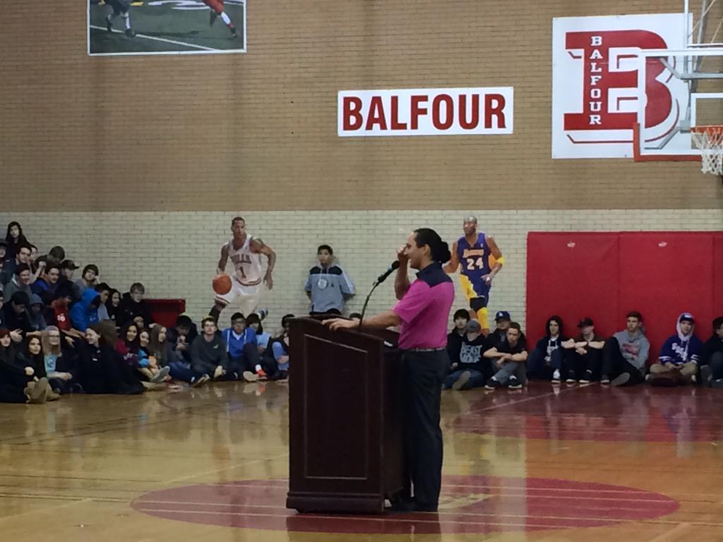 BalfourColl's tweet photo. @cadmusd talking about diversity within school and society. Entertainment with an important message. #BalfourPride http://t.co/I05YSTD2uk