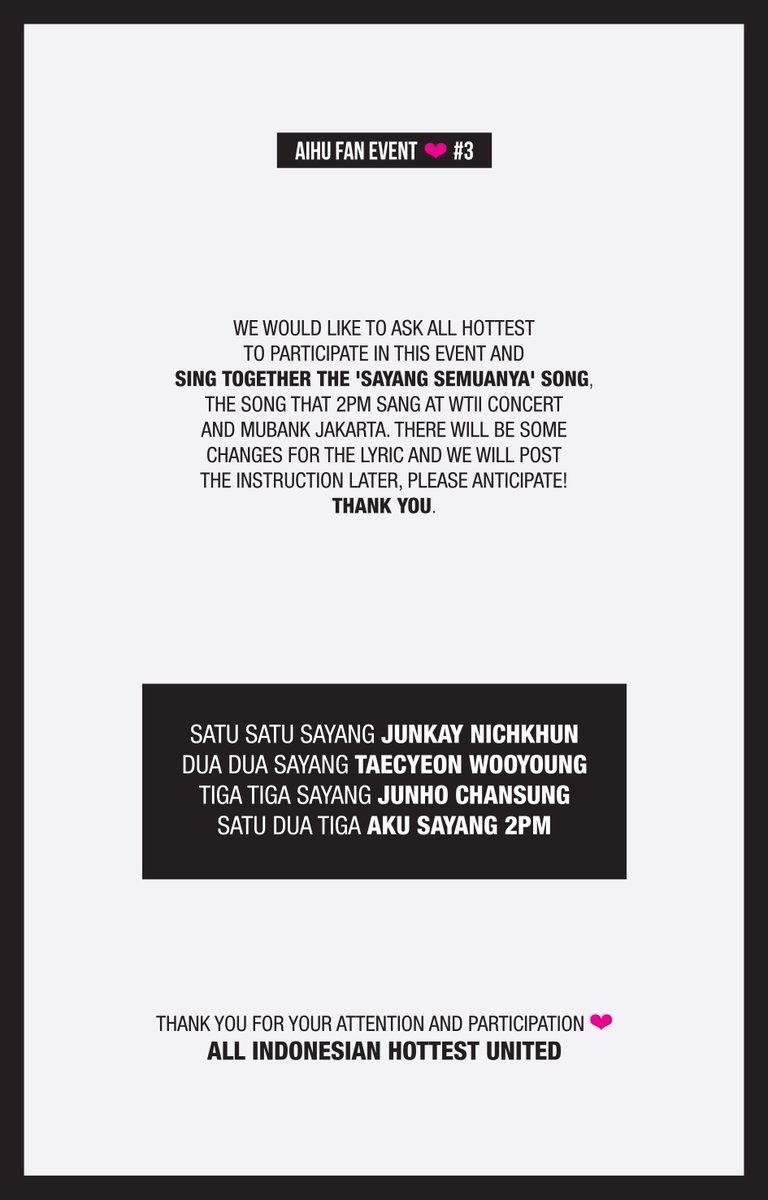 aihu_2pm's tweet photo. [📣] AIHU Fan Event #3: Sing 'Sayang Semuanya' Song #2PMJKT2015 
HQ: http://t.co/oC3XbTYLR0 http://t.co/5ZCTzWePM2
