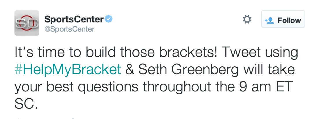 SportsJoey's tweet photo. Smart Twitter Ads targeting by @YahooSports. ESPN gets '#HelpMyBracket' to trend but Yahoo bids on keyword. http://t.co/qnAAej2xPa