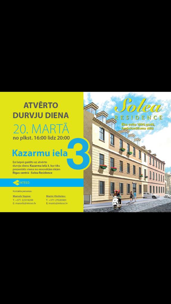 IntesoReal's tweet image. Kolègi plānojam 20.03.2015. Plkst. 16.00 atvērto durvju dienu #solearesidence Kazarmu iela 3. Būs forši, Tev jābūt!