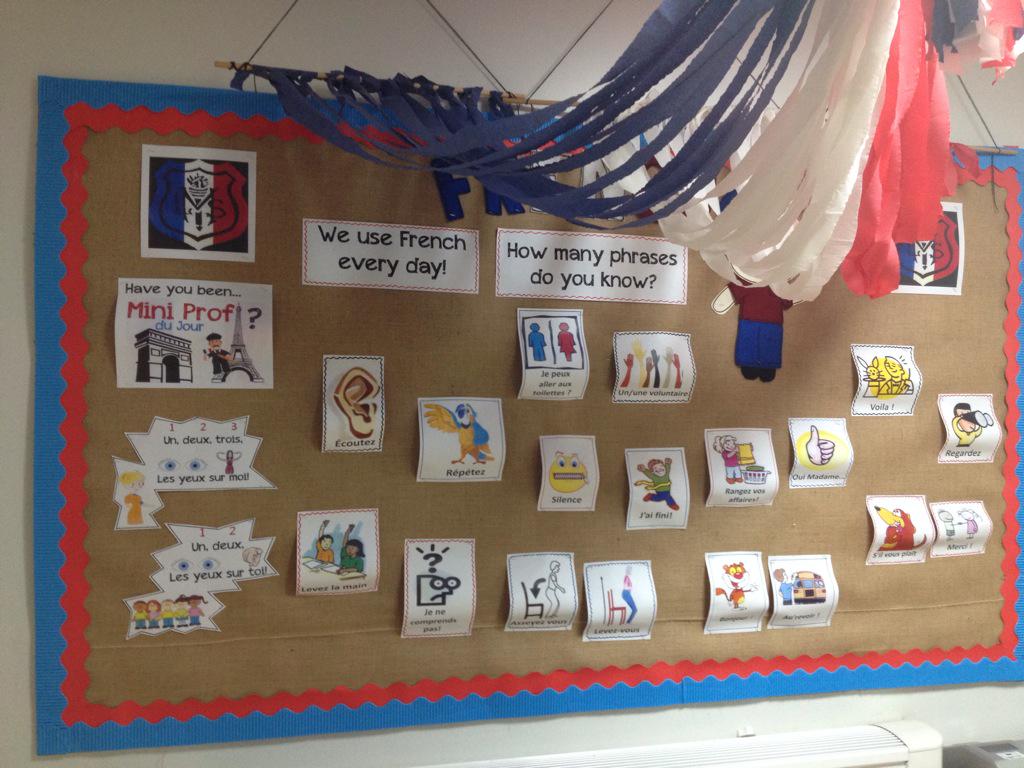 mosspitsfrench's tweet photo. Our newest French display. How many classroom instructions do you know 'en Francais'? #embeddinglanguage http://t.co/zFzAPkmGhw