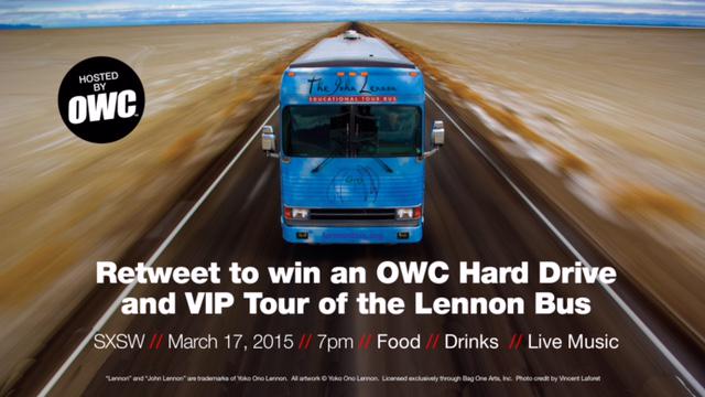 lennonbus's tweet photo. RT to #WIN @macsales hard drive, VIP tour of @lennonbus and invites to our party w/ free food &amp; live music at #SXSW! http://t.co/WHuOD1nF1B