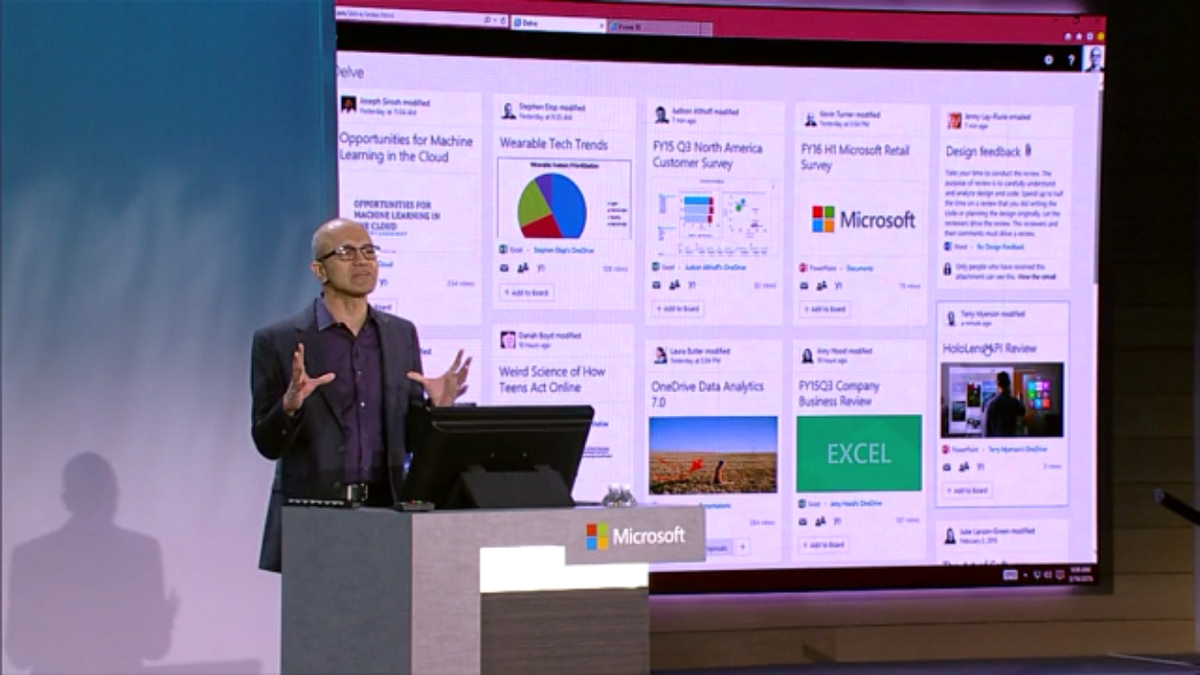 aschoning's tweet image. Amazing to see @satyanadella demo and announce GA for Office Delve today! #officegraph #discovery #conv15 #office365