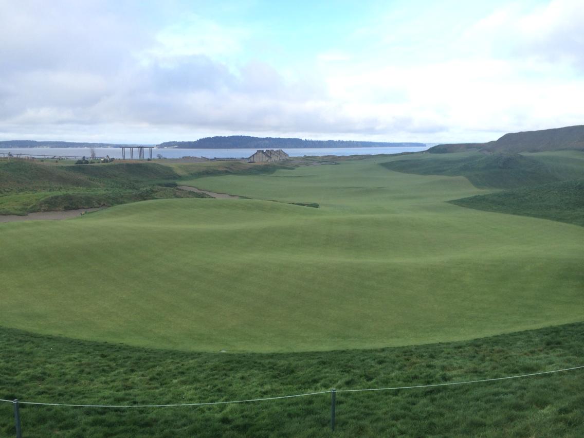 Golfdom's tweet photo. No. 18 at Chambers Bay. Going to be a fun finishing hole for #15USOPEN. But a par 4 or 5 on Sunday? #onlytheUSGAknows http://t.co/9OjyVjcpFq