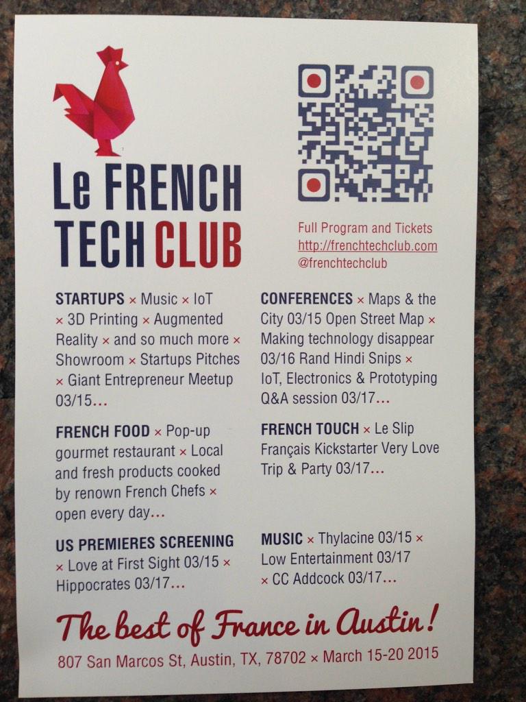 FrenchTechClub's tweet photo. Venez nombreux au French Tech Club! Panels, concerts, start-up pitches au programme! #SXSWInteractive #FrenchTechClub http://t.co/qdbZobZmgS