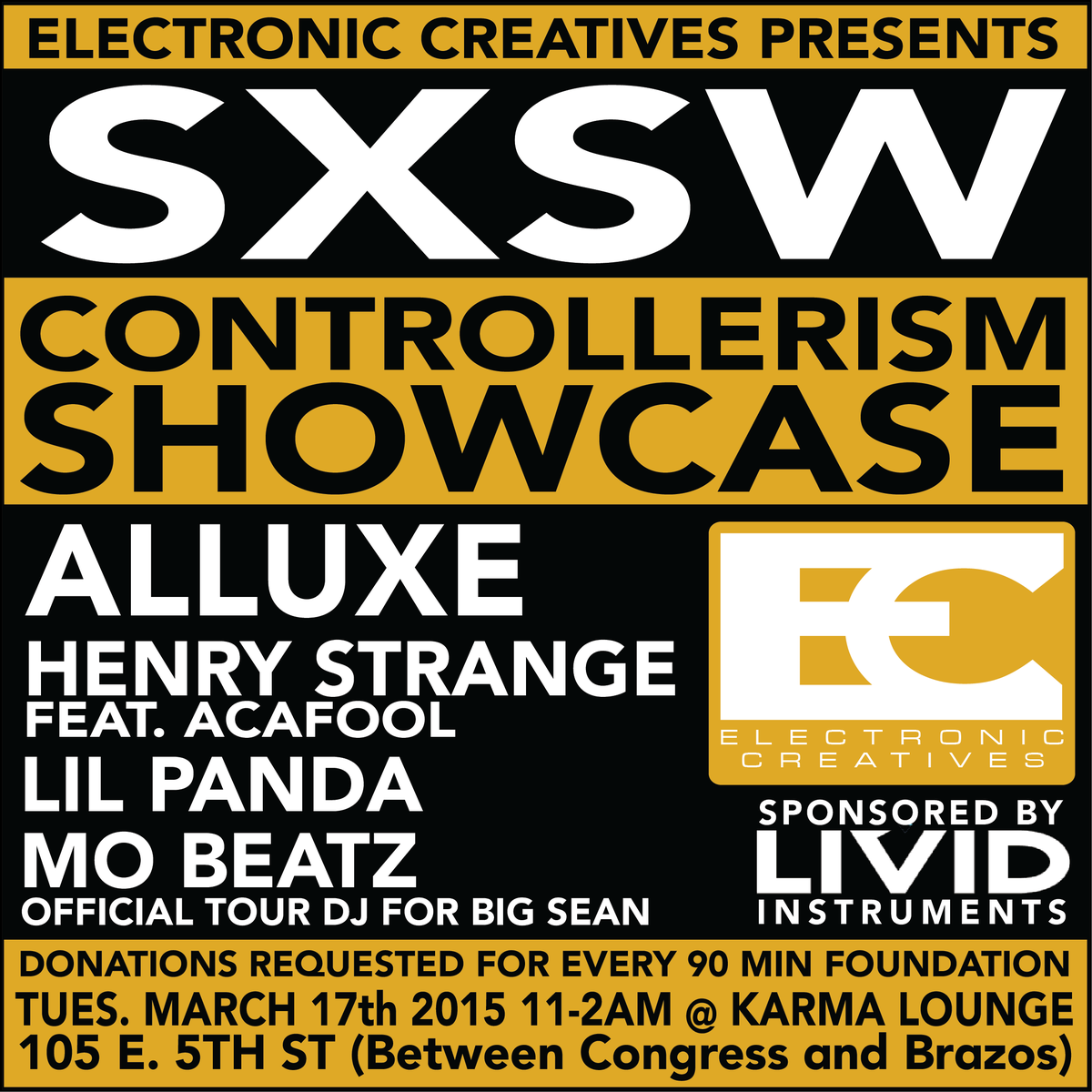 electrocreative's tweet photo. #SXSW #Controllerism showcase tmrw getting hyped! @alluxemusic @henrystrange @iamlilpanda @djmobeatz #ECSquad http://t.co/wLalfF0oq1