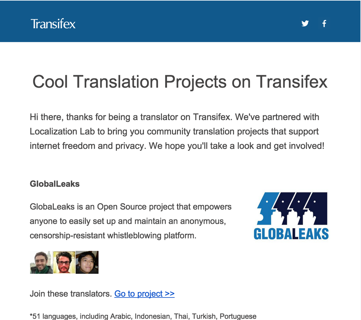 GlobaLeaks's tweet photo. GlobaLeaks is a "Cool Translation Project" on @transifex” thanks to all volunteer translators and @L10nLab :-) http://t.co/ZUWYT82krH