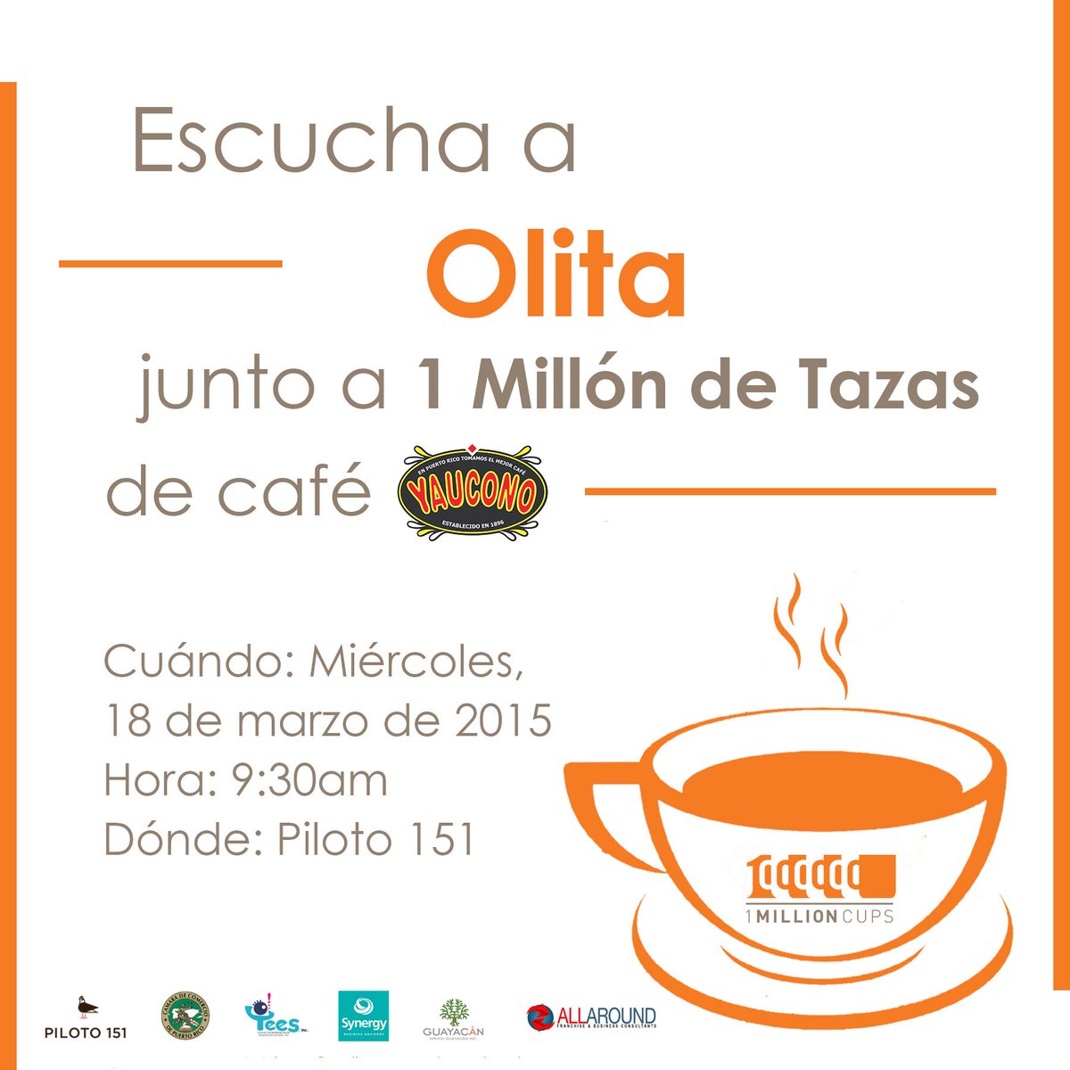 1MillionCupsPR's tweet photo. Get ready for this week's speaker @Olitapr @1MillionCupsPR on Wednesday at 9:30AM in Piloto! #solidaridad #puertorico http://t.co/octYLS8sJA
