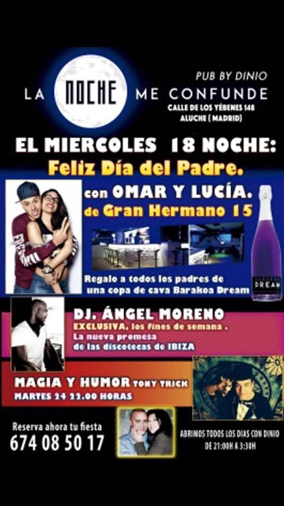 RduqueAlvarez's tweet photo. Este miércoles en @LanocheC vendrán a vernos @lucia_gh_15 y @OmarSuarez__ de #GH15 c/los yebenes 148 Madrid. #Aluche http://t.co/YyXyaBrgCU