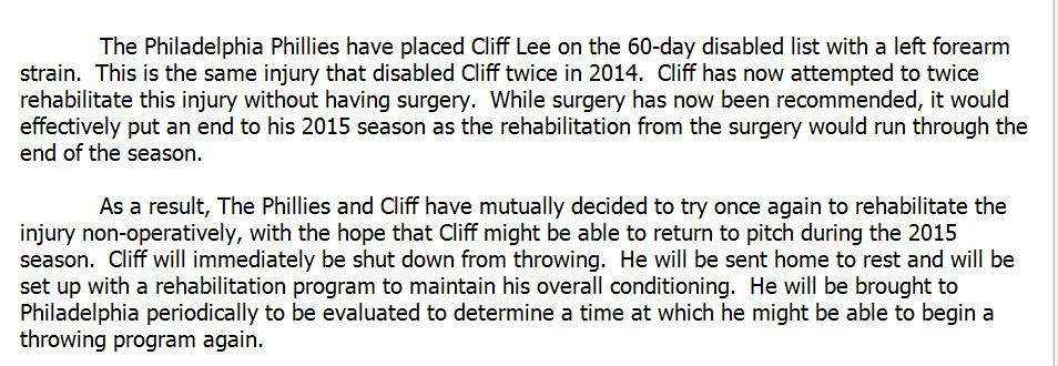 MLB on X: .@Phillies place LHP Cliff Lee on 60-day DL due to left forearm  strain. Full statement:  / X