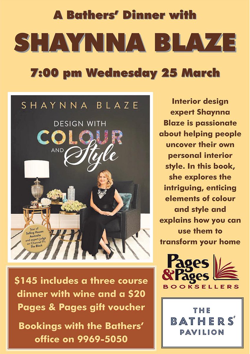Penguin Books Aus (@penguinbooksaus) on Twitter photo <a href="/ShaynnaBlaze/">Shaynna Blaze</a> only dinner event for #designwithcolourandstyle <a href="/BathersPavilion/">BathersPavilion</a> @PnPBooksellers pen.gy/1ErNQn3 <a href="/ShaynnaBlaze/">Shaynna Blaze</a> only dinner event for #designwithcolourandstyle <a href="/BathersPavilion/">BathersPavilion</a> @PnPBooksellers pen.gy/1ErNQn3