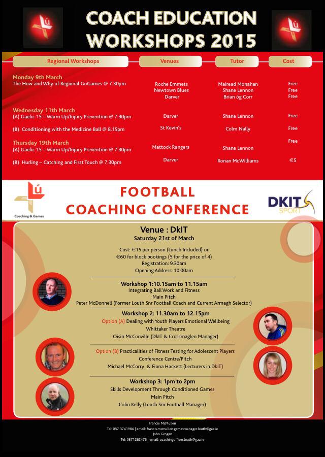 1 Day Coaching Conference Sat 21st in <a href="/DkITGAA/">DkIT GAA</a> from 10-2pm. €15 pp or 5 for price of 4 (€60) which includes lunch.