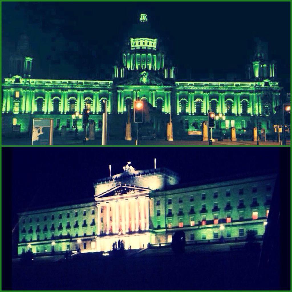 IrishUnity's tweet photo. First the fleg came down, then City Hall went Green, now Stormont's turned Green too. Happy Saint Patrick's Day. http://t.co/2ZMnU4LzRh