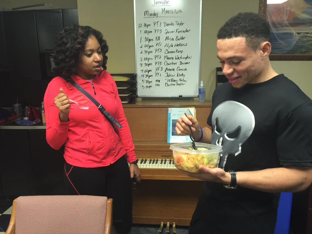 SpelmanWellness's tweet photo. National Nutrition Month @ChavonneShorter and Mr. Cam sharing a healthful meal. @MyPlate http://t.co/G9checXSxn