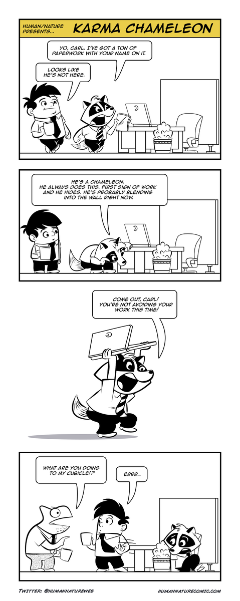 Chameleons meet cubicles in today's HUMAN/NATURE #webcomic humannaturecomic.com/?p=1287