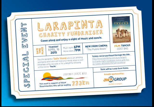 FundLarapinta's tweet photo. Charity Fundraiser in Brisbane, movie, music, fun all for the #indigenous #women #LarapintaExtremeWalk #Brisbane http://t.co/C3oukbKGLr