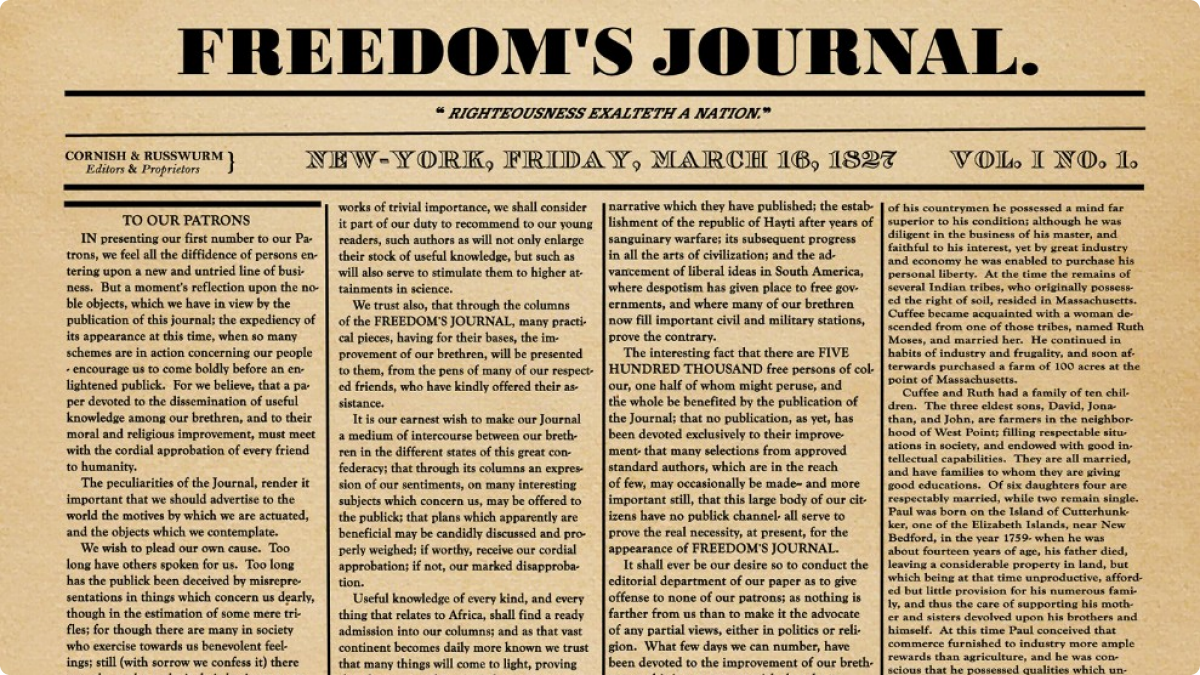 HistoryHeroes's tweet photo. 3/16/1827: Freedom’s Journal, 1st newspaper owned by African Americans published in US. #AfricanHistory #BlackTwitter http://t.co/QnhzuPFE5H