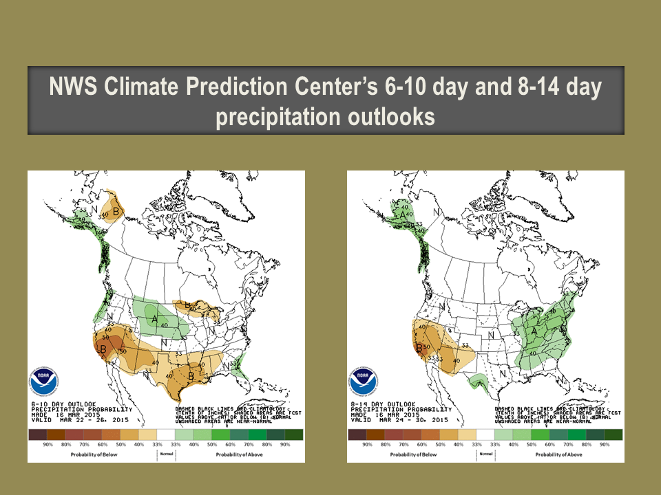Climate Prediction Center's outlooks are not looking favorable for rain thru end of March. Storm track's mostly north