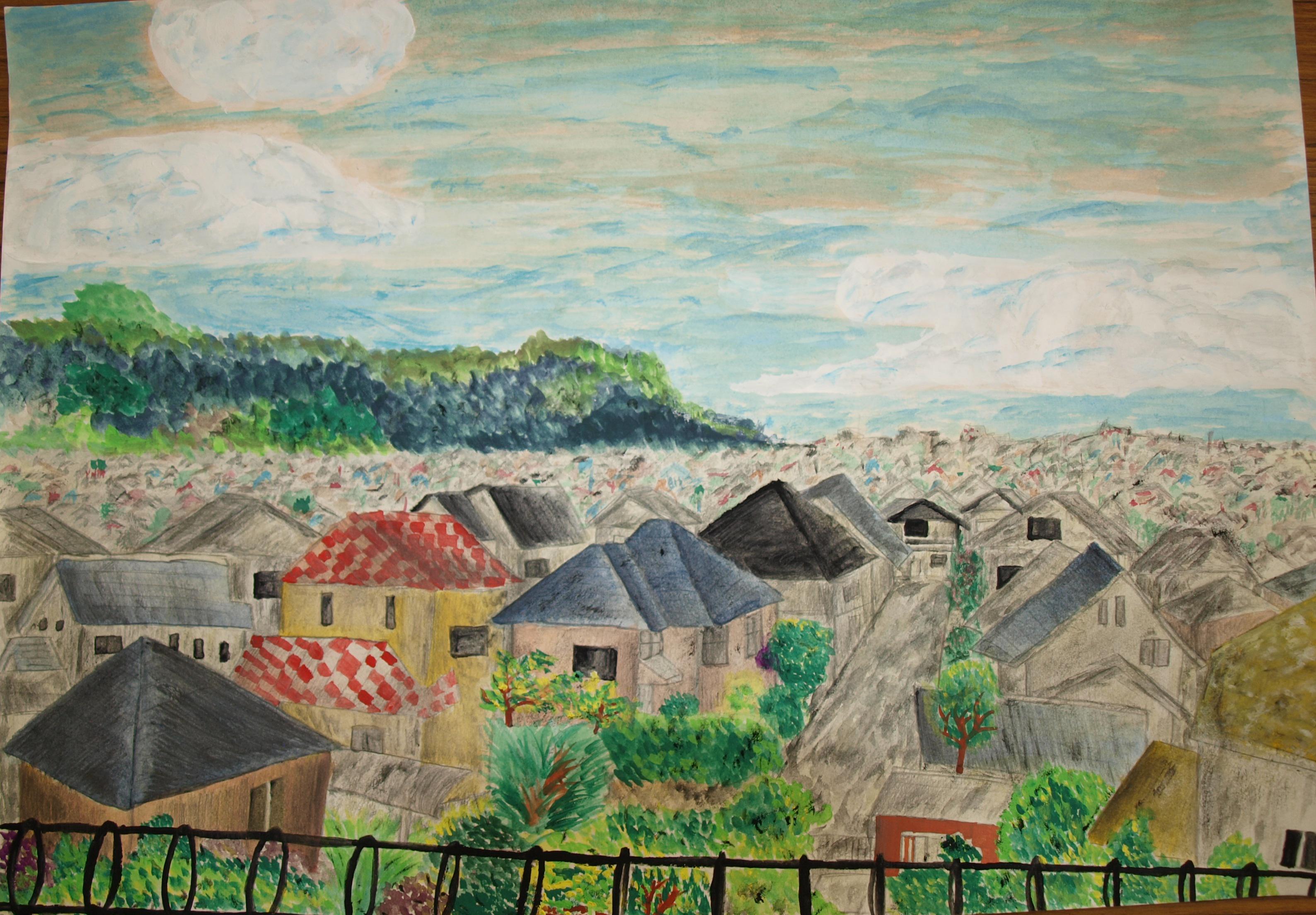 みやざきの景観づくり 宮崎市景観課 第５回宮崎市風景絵画コンクール 受賞作品紹介23 中学生部門審査員特別賞 我が家のデッキから見た大塚の住宅地 Http T Co Pouajttkgk Twitter
