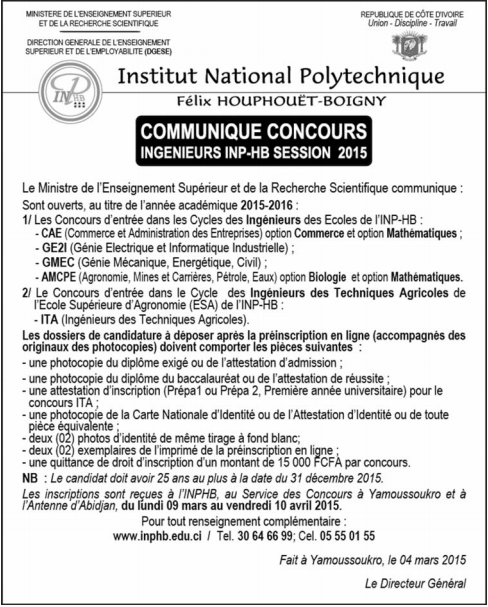 Lider131's tweet photo. Le concours de l'INP-HB est ouvert. Bonne chance à nos futures élites. Bonjour à toutes et à tous http://t.co/rqdLPot8yY