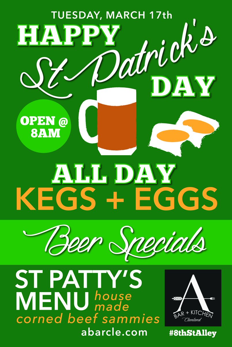 ABarKitchen's tweet photo. Happy #StPatricksDay! We open at 8am for #kegsandeggs See you soon! #8thStAlley #dtCLE http://t.co/Ahv5mQ5aYv