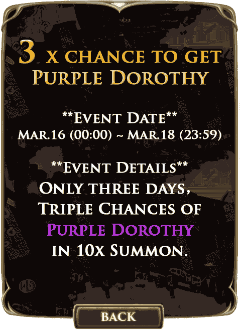Alicevswndrlnd's tweet photo. Only for 3 days, 3x chance to get Purple Dorothy in 10x Epic Summon. See you in #Wonderland. http://t.co/JXBixRs2p2