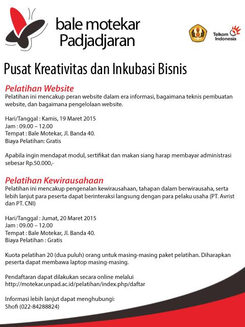 Bale Motekar Unpad akan mengadakan Pelatihan Pengembangan Web dan Kewirausahaan... Gratis! <a href="/bem_unpad/">BEM Kema Unpad</a> <a href="/bpmkemaunpad/">BPM KEMA Unpad</a>