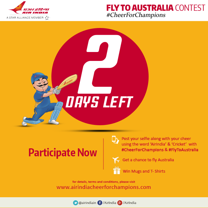 airindia's tweet photo. Two more days left for you to win a chance to #FlyToAustralia.
Just send us your selfies along with a message. http://t.co/TStokS4px4