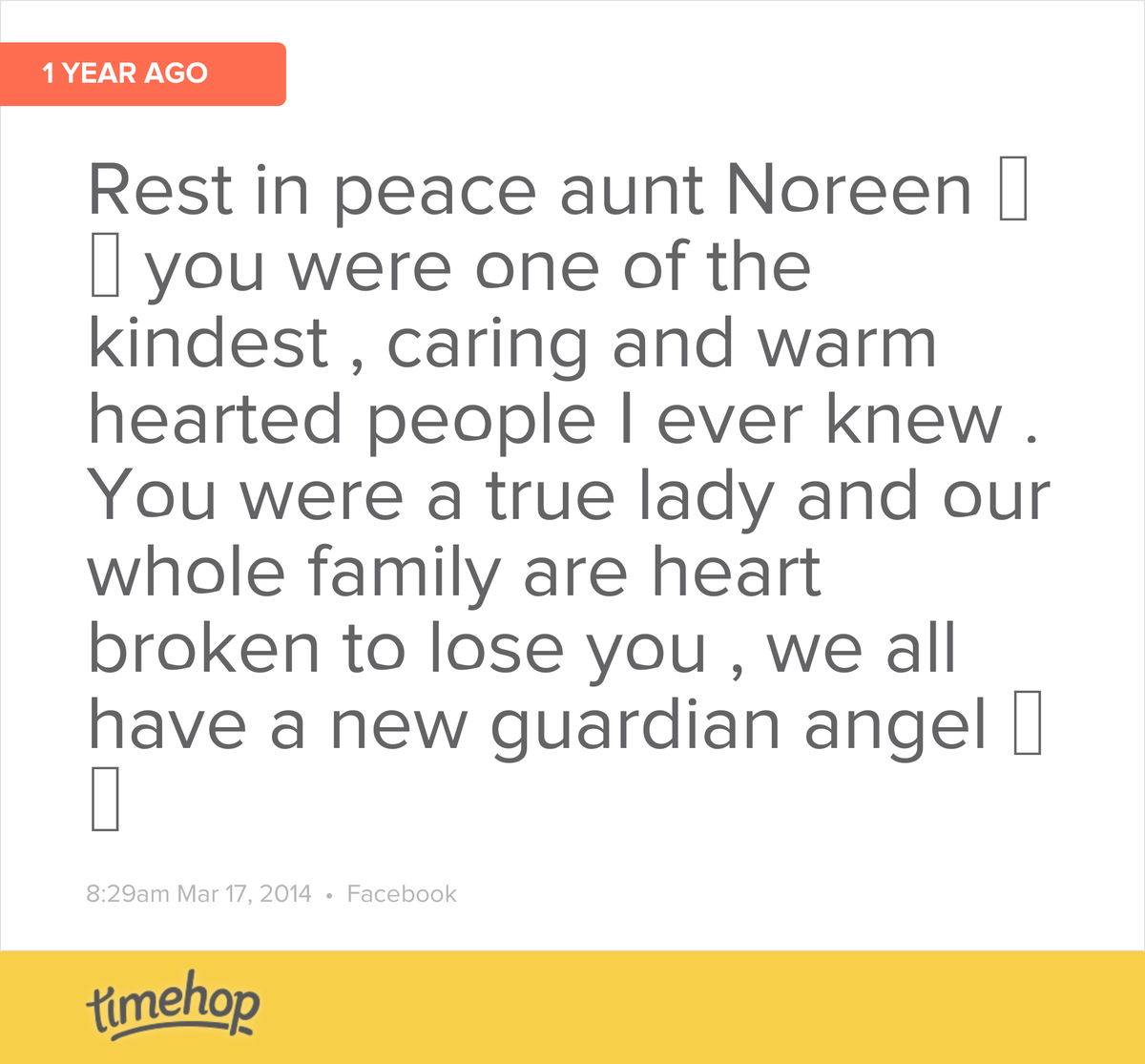 OrlaBaby's tweet photo. 1 year already aunt Noreen , any time I think of you it saddens me to know il never see you again , god gained a ... http://t.co/ccwfVJ8OEU
