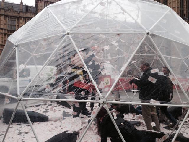 We constructed this for <a href="/Oxfamgb/">Oxfam</a> this morning... #CrystalMaze dome with 3 chancellors for #MakeTaxFair campaign