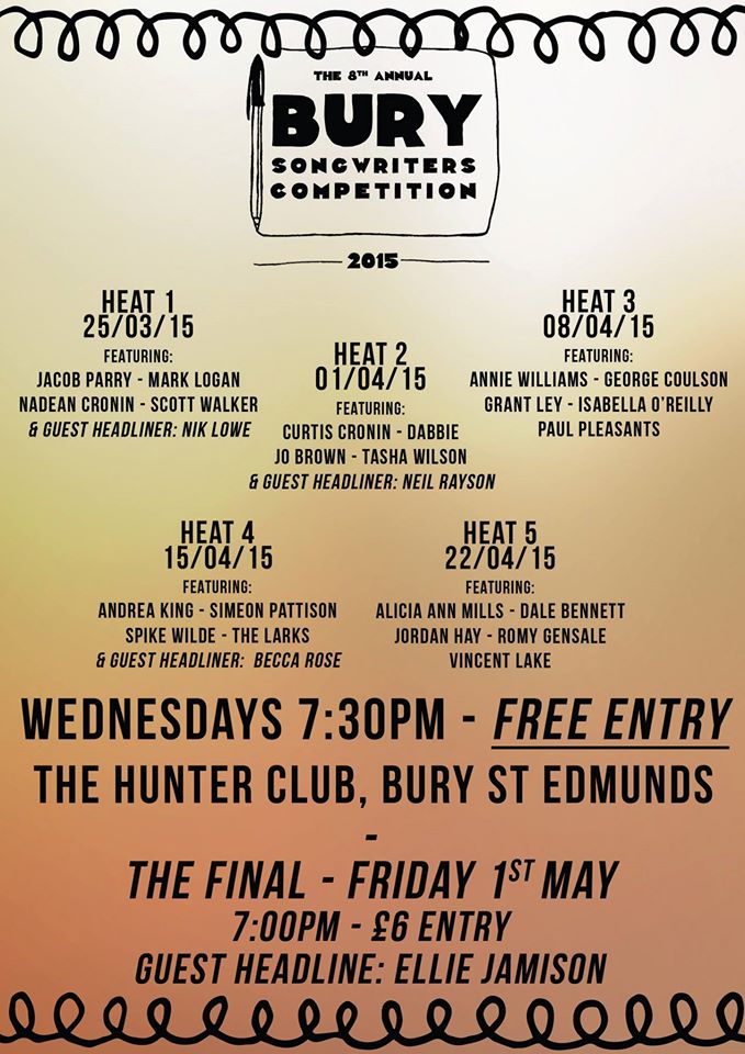 BurySongComp's tweet image. Our 2015 lineup has been decided! We kick things off from next Wednesday at @TheHunterClub - 7:30pm - Free Entry!