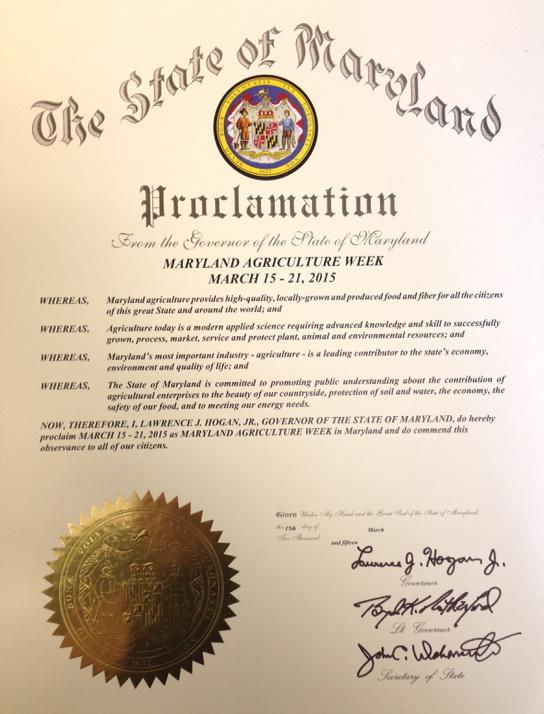 MdAgDept's tweet photo. Here's the official Proclamation from Gov @LarryHogan declaring this week as Ag Week in Maryland! http://t.co/VQGtCaByBG
