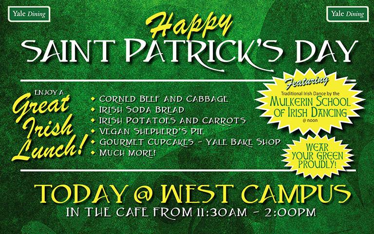 Show off your GREEN today at lunch at West Campus! Great traditional fare, music and dancing! #westcampus