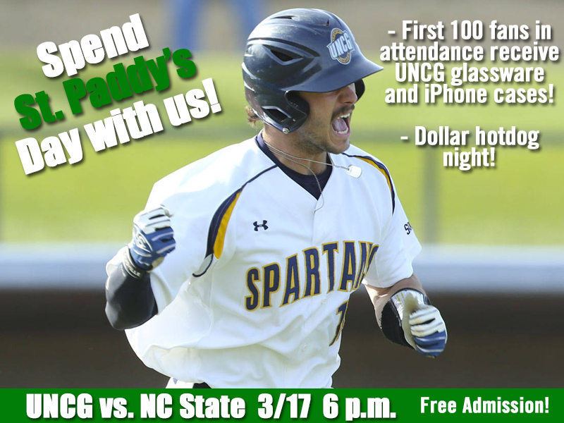 UNCGBaseball's tweet photo. Need plans for St. Paddy’s Day? Spend it with us as we host NC State today at 6 p.m. #letsgoG http://t.co/LkQRyTVA01