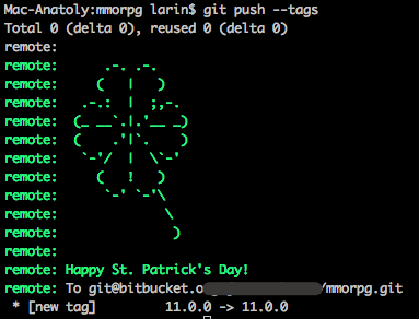 Выпускаешь релиз, а тебя поздравляют ))) #SaintPatrick #git #bitbucket