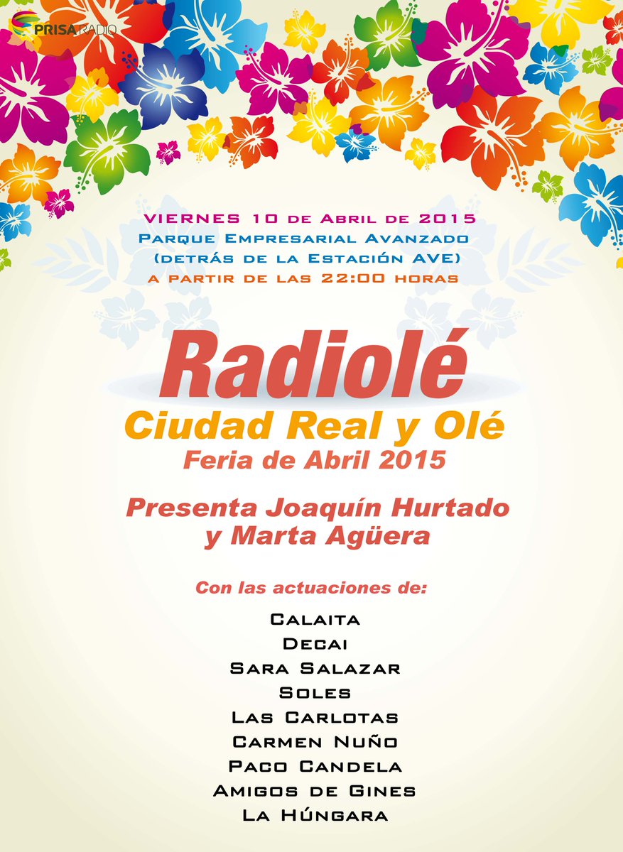 RadioleCLM's tweet photo. #NosVamosDeFiesta Aquí tienes el cartel de #CiudadRealYOle 10/04 #TotalmenteGratis RT http://t.co/CFGjEUhj8T