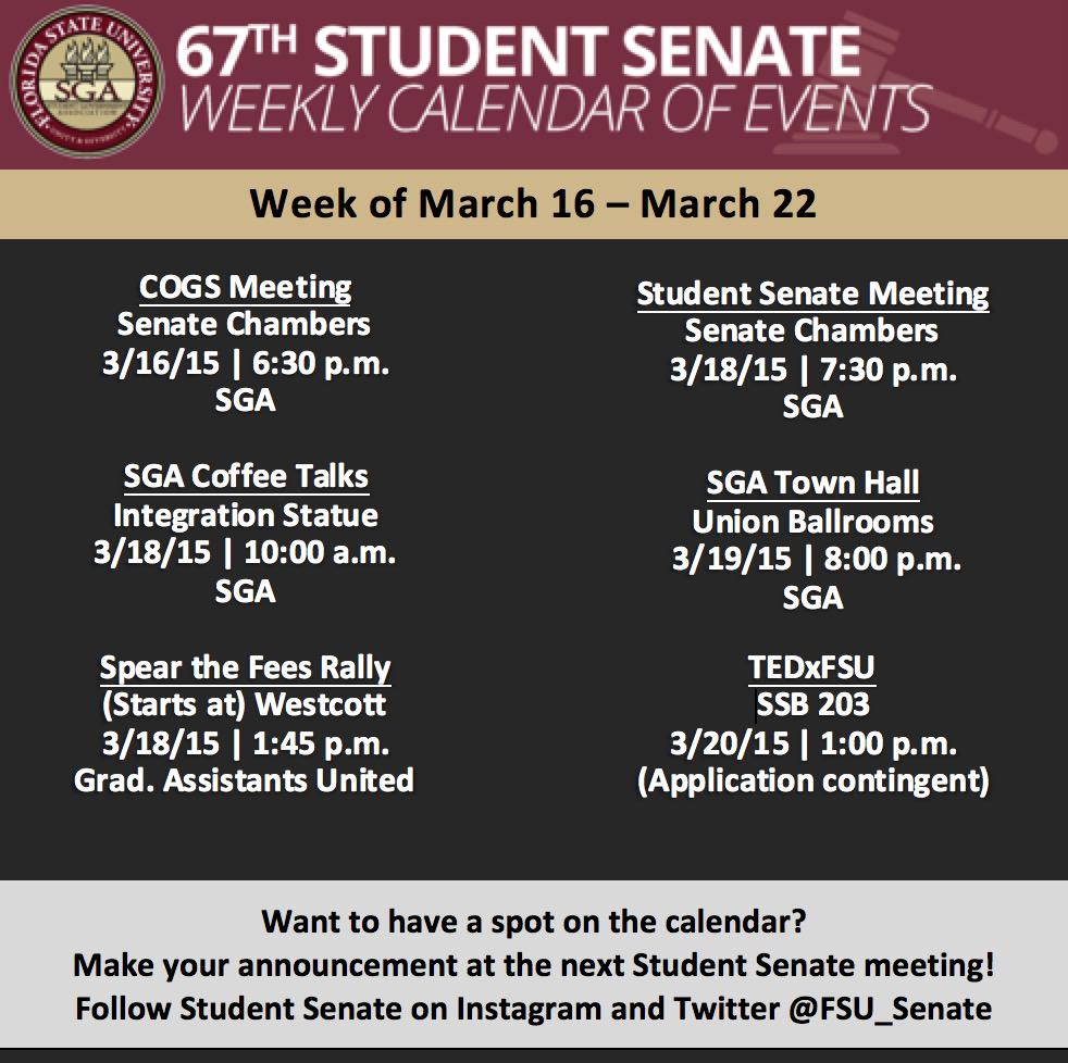 FSU_Senate's tweet photo. Seminoles, looking for something fun to do this week? The weekly calendar is out once again! Check it out! http://t.co/02FBlF1uPS