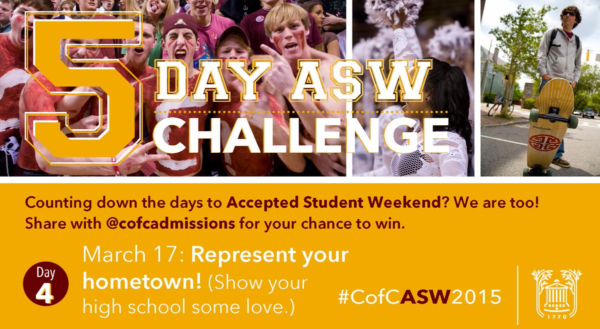 CofCAdmissions's tweet photo. We're just 4 days away from #CofCASW2015! Rep your hometown in photos in our ASW challenge (You could totally win) http://t.co/lmDHLTBUMF