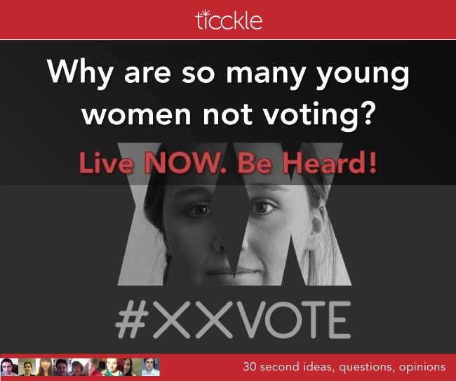ticckle's tweet photo. We're LIVE. Why are young women not voting? Have YOUR say! Get involved/// Click>>>>
http://t.co/dGCyAu1IMC<<<<<<<< http://t.co/Bprvc73UoD