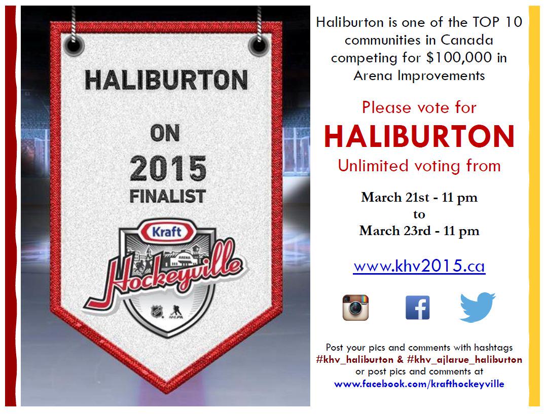 VisitHaliburton's tweet image. Haliburton is a finalist in the Kraft Hockeyville​ Contest! Help us get to the next level! Details: