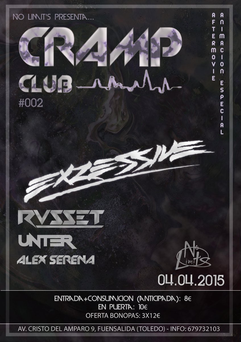 Cramp_Club's tweet photo. Junto a @untermusic y @Alex_Serena tendremos como invitados a @RussetMusic y @EXZESSIVE en @disconolimits el 4/4/15. http://t.co/pwXH1NZH2C