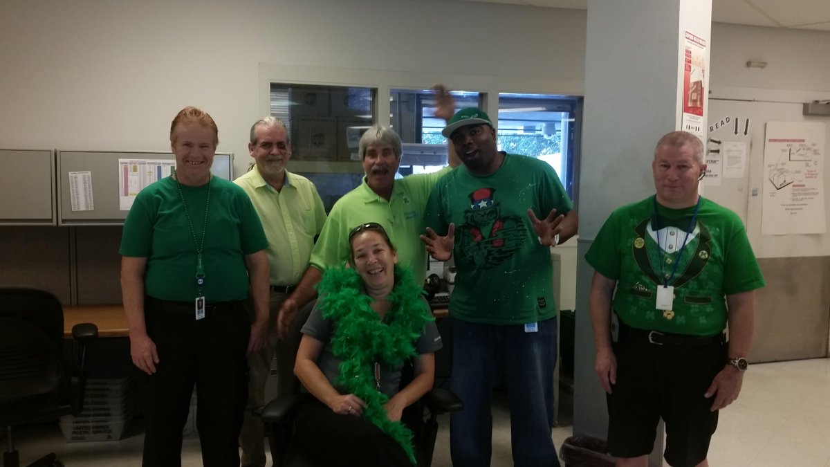 HeidiLHowell's tweet photo. Look at our logistics/mailroom teammates showing their #StPatricksDay spirit for our #HSGReallyRandom! #HSGFB @FLBlue http://t.co/r0PsG4KJyX