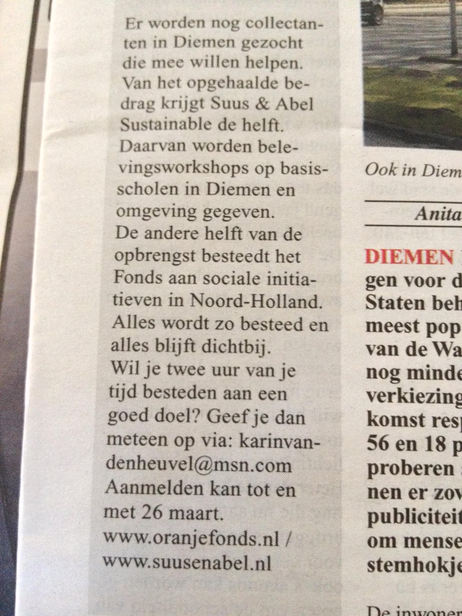 suusenabel's tweet photo. @OranjeFonds en @SuusenAbel staan vandaag in De Echo, editie @GemDiemen! Direct  bijdragen? NL60 TRIO 0784 922 667 http://t.co/Of8hwreUIG