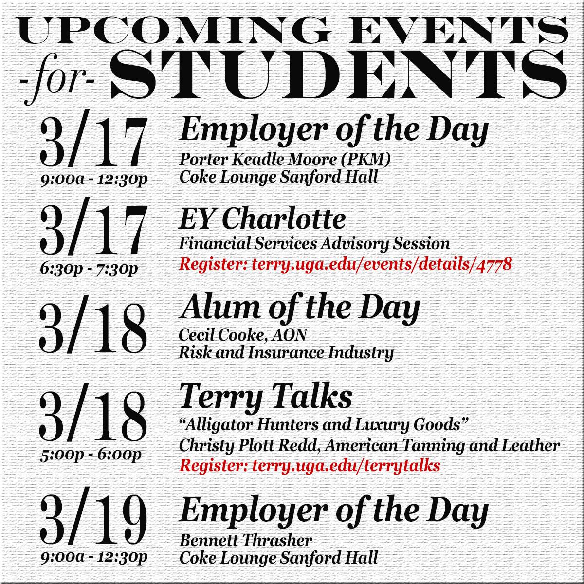 TerryToday's tweet image. We have a busy week planned to welcome you all back from spring break! Let's hit the ground running Terry students!