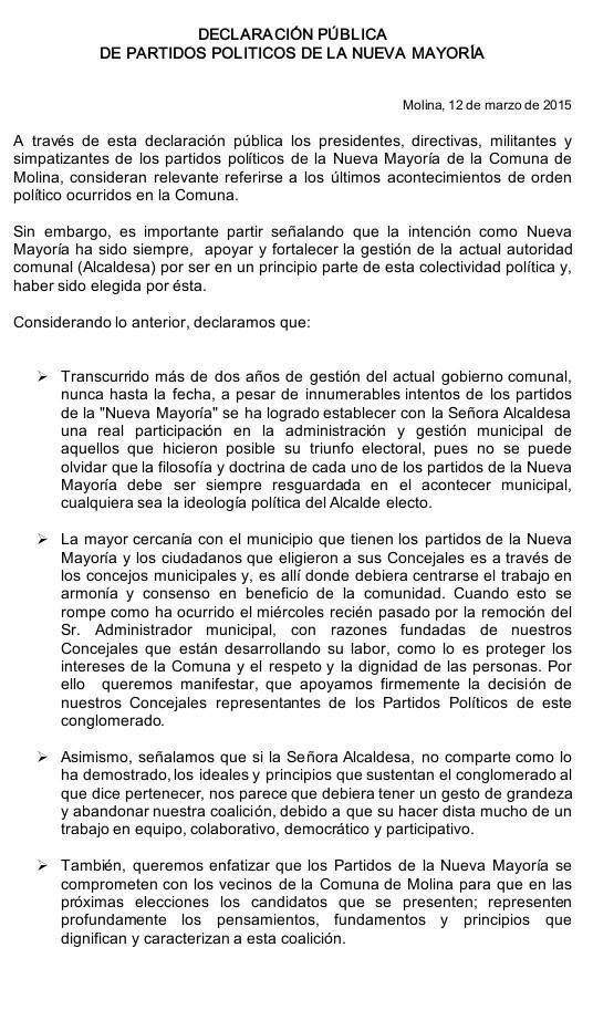 Molina_Chile's tweet photo. Comunicado: Partidos Nueva Mayoría de Molina piden a Alcaldesa @castillogerli (ex RN actual DC) abandonar coalición. http://t.co/Hlngr2C3px