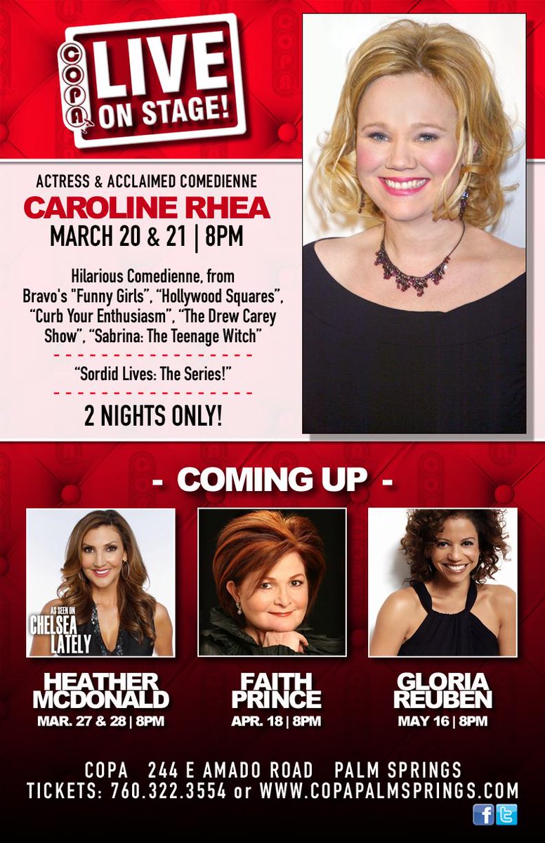 CopaRoomPS's tweet image. Copa has amazing talent coming up! This month @CarolineRhea &amp;amp; @HeatherMcDonald Get your tix at bit.ly/1Mw0Ae8